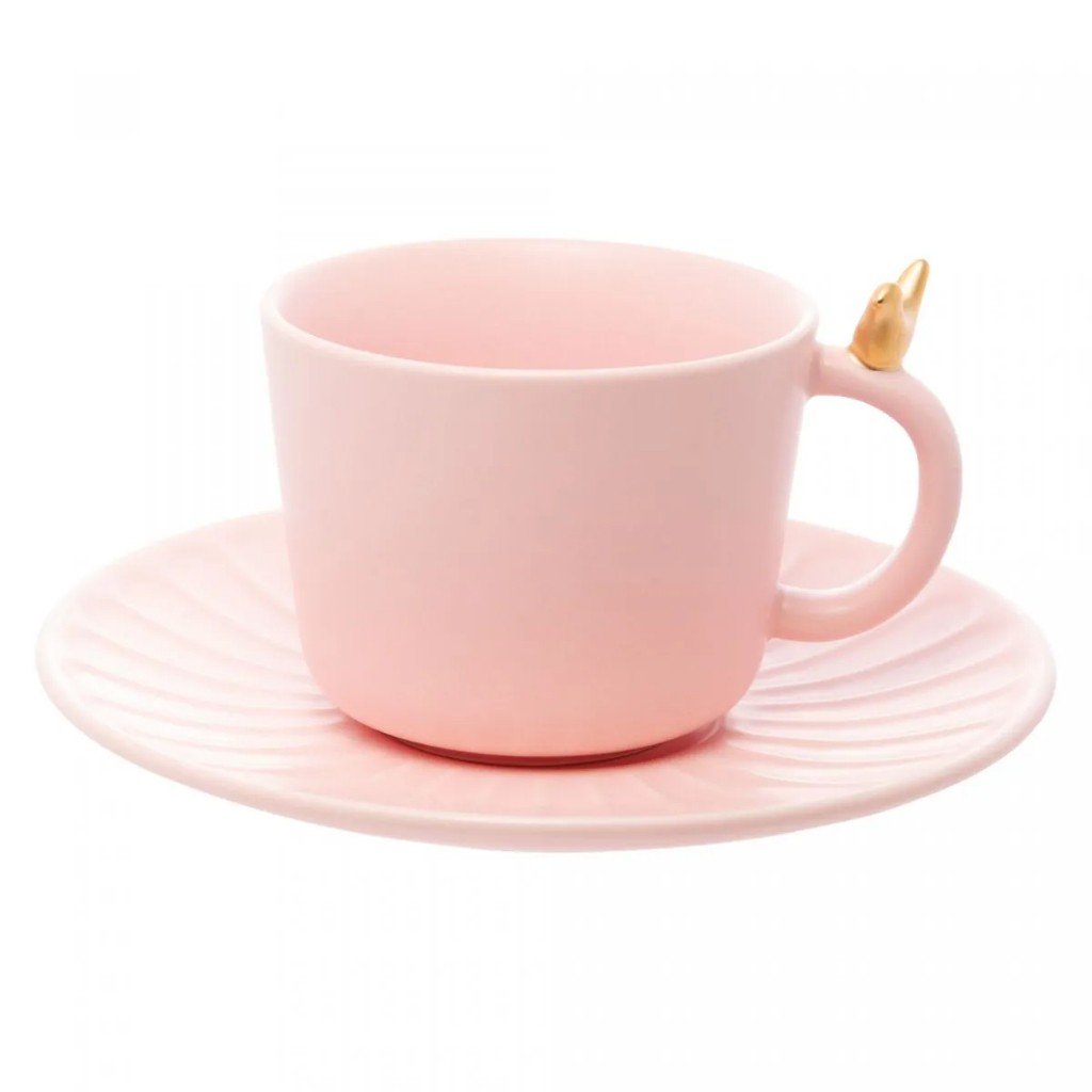 【ROSE】 2点set Conjunto 2 Xícaras de Chá Colibri com Pires Rosa 170ml - LPK