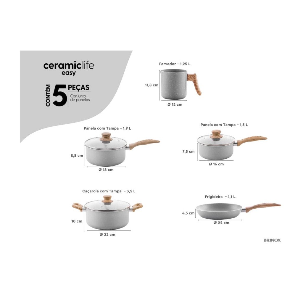 Conjunto Panelas 5 Peças Ceramic Life Easy Gris - LPK Utilidades