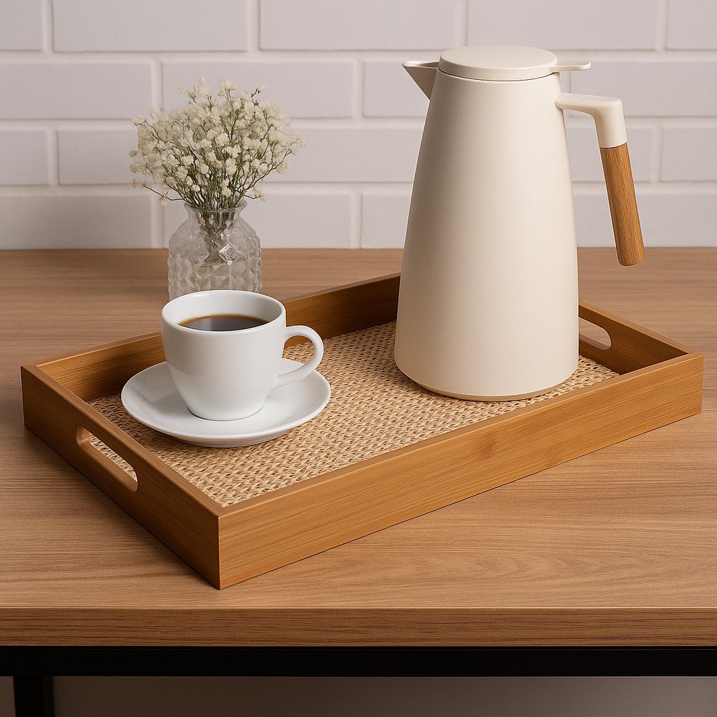 Bandeja Retangular de Bambu e Textura Palhinha Xadrez 39cm - LPK